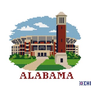May include: Pixelated illustration of a stadium and tower with the word "ALABAMA" in red block letters. The image features a blue sky with white clouds, green grass, and a white background. The word "CHILL" is in the bottom right corner.