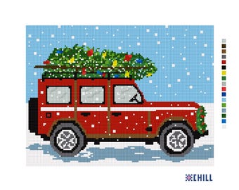 Christmas Tree Truck Needlepoint Canvas: 5x7 Image on 8x10 Zweigart Canvas