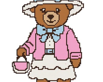 May include: A pixelated illustration of a brown teddy bear wearing a white hat with a blue bow, a pink jacket, and a white dress. The bear is holding a pink purse and wearing white shoes. The image has a cartoonish style.