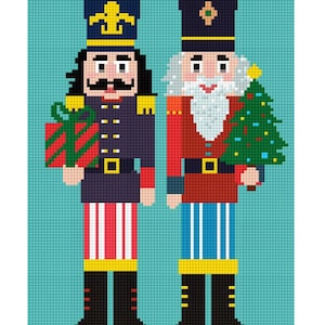 May include: A pixelated illustration of two Christmas nutcrackers on a teal background. One nutcracker wears a blue uniform and holds a wrapped gift. The other wears a red uniform and holds a Christmas tree. Both have black boots.