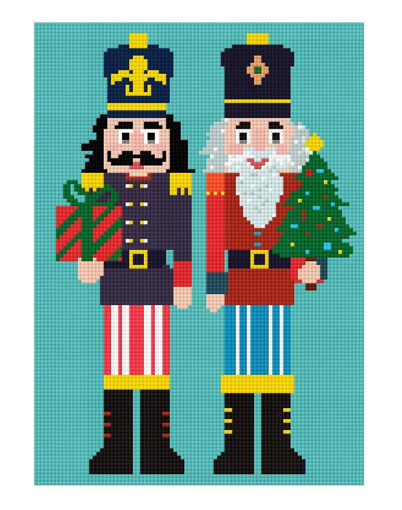 May include: A pixelated illustration of two Christmas nutcrackers on a teal background. One nutcracker wears a blue uniform and holds a wrapped gift. The other wears a red uniform and holds a Christmas tree. Both have black boots.