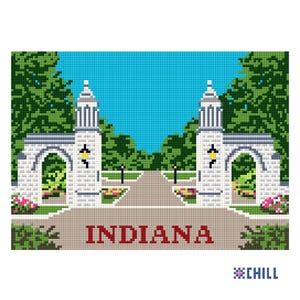 May include: Pixelated illustration of the Indiana University campus entrance. The image features two white stone archways with towers, a pathway, and the word "INDIANA" in red. Green trees and a blue sky complete the scene.