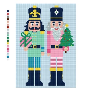 May include: Pixelated illustration of two toy nutcrackers. One wears a green uniform and holds a gift, the other wears pink and holds a Christmas tree. Both have black boots and hats. The word "CHILL" is in the bottom right corner.
