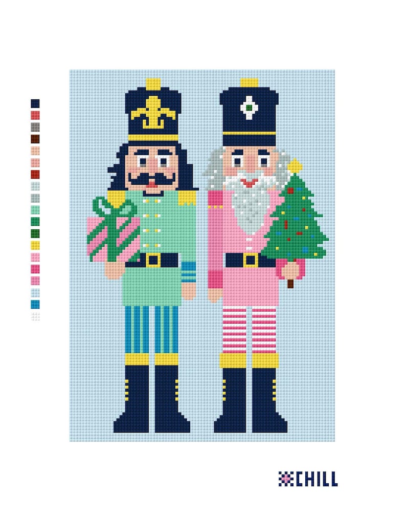 May include: Pixelated illustration of two toy nutcrackers. One wears a green uniform and holds a gift, the other wears pink and holds a Christmas tree. Both have black boots and hats. The word "CHILL" is in the bottom right corner.