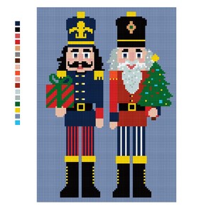May include: Two pixelated nutcracker figures, one in blue with a gift and the other in red with a Christmas tree. The figures have black boots and hats, and are set against a light blue background. The word "CHILL" is at the bottom.