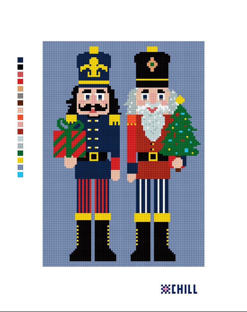 May include: Two pixelated nutcracker figures, one in blue with a gift and the other in red with a Christmas tree. The figures have black boots and hats, and are set against a light blue background. The word "CHILL" is at the bottom.