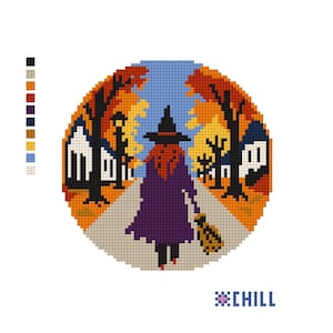 May include: A circular cross-stitch pattern featuring a figure in a purple cloak and black hat walking down a path between autumn trees and white houses. The design includes a color palette key on the left and the word CHILL in blue text at the bottom.