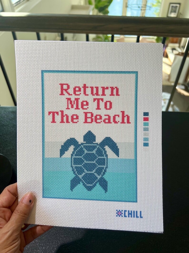 May include: A white canvas with the text "Return Me To The Beach" in red and blue. A blue turtle graphic is centered below the text, above a blue and white wave design. The word "CHILL" is at the bottom.