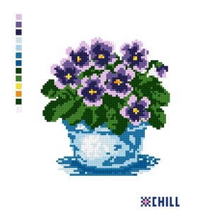 May include: A pixelated image of a potted plant with purple flowers, green leaves, and a blue pot. The word "CHILL" is written in blue pixelated letters at the bottom of the image.