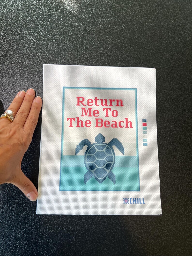 May include: White canvas with the text "Return Me To The Beach" in red and a blue turtle design. The canvas has a blue and turquoise background and the word "CHILL" in blue.