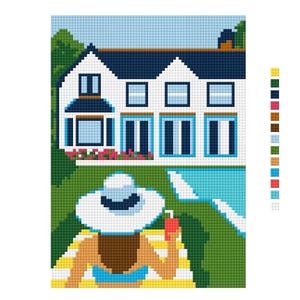 May include: A pixelated illustration of a house with a blue roof and white walls. A person wearing a white hat and blue swimsuit is relaxing by a pool, holding a red drink. The scene is set in a green yard.