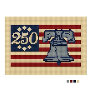 May include: A pixelated image of the American flag with the Liberty Bell and the number 250. The flag has a blue canton with the number 250 in white, and the bell is gray. The flag's stripes are red.