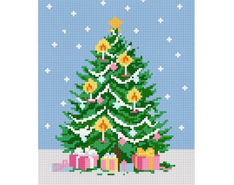 Christmas Tree with Pink Gifts Needlepoint Canvas | Holiday Stitch Design | 5x7 on 8x10 Canvas