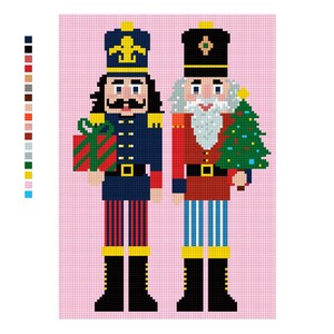 May include: Two pixelated Christmas nutcrackers on a pink background. One wears a blue uniform and holds a gift. The other wears a red coat and holds a Christmas tree. The word "CHILL" is at the bottom.