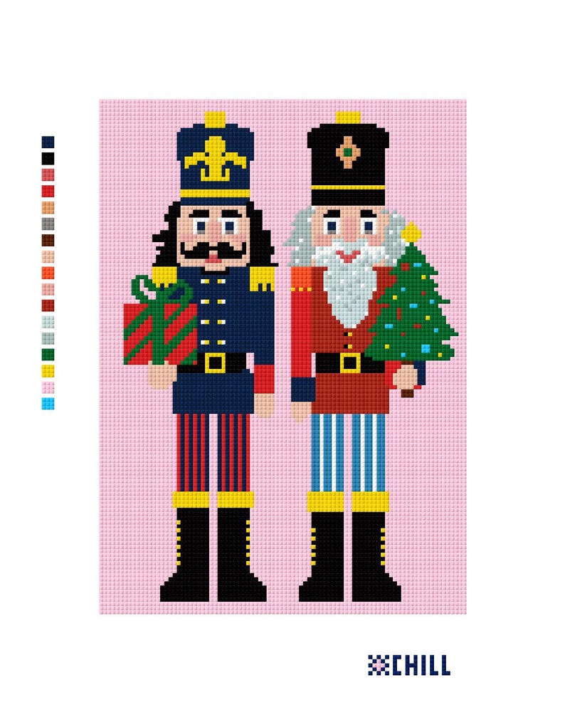 May include: Two pixelated Christmas nutcrackers on a pink background. One wears a blue uniform and holds a gift. The other wears a red coat and holds a Christmas tree. The word "CHILL" is at the bottom.