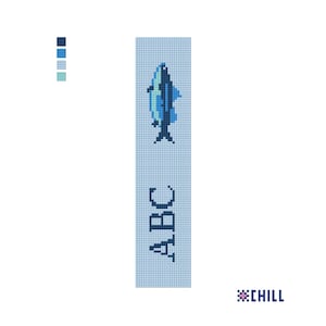 May include: A light blue bookmark with a pixelated fish design in shades of blue. The letters "ABC" are vertically aligned below the fish. The word "CHILL" is in the bottom right corner.