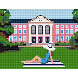 May include: A pixelated illustration of a person relaxing on a striped blanket in front of a pink and white building. The person is wearing a blue outfit and a white hat. Green trees and grass surround the scene.