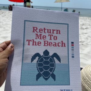 May include: A white canvas with the text "Return Me To The Beach" in red and a blue sea turtle design. The bottom of the canvas has the word "CHILL" in blue. The background is a beach scene with umbrellas and people.