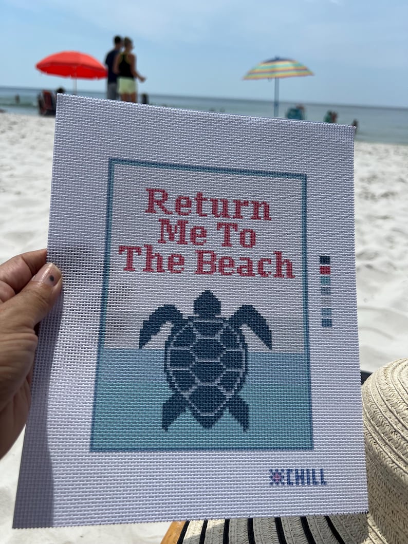 May include: A white canvas with the text "Return Me To The Beach" in red and a blue sea turtle design. The bottom of the canvas has the word "CHILL" in blue. The background is a beach scene with umbrellas and people.