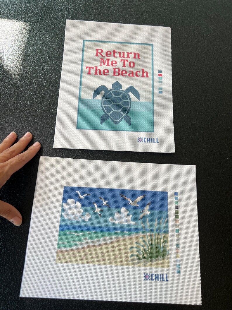 May include: Two needlepoint canvases. One features a turtle and the text "Return Me To The Beach". The other depicts a beach scene with seagulls, clouds, and ocean waves. Both have the word "CHILL" at the bottom.