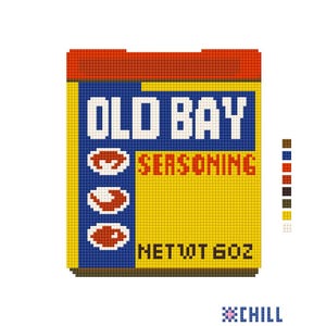 May include: A pixelated image of an Old Bay Seasoning can. The can is yellow with blue lettering that reads "OLD BAY SEASONING". The can also has three red and white crab images. The bottom of the can reads "NET WT 6OZ". The word "CHILL" is at the bottom.