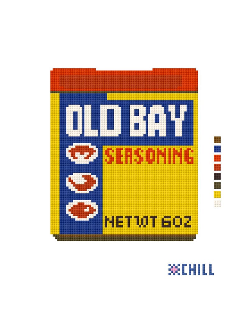 May include: A pixelated image of an Old Bay Seasoning can. The can is yellow with blue lettering that reads "OLD BAY SEASONING". The can also has three red and white crab images. The bottom of the can reads "NET WT 6OZ". The word "CHILL" is at the bottom.