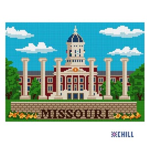 May include: A pixelated illustration of a building with a blue dome, white columns, and red brick facade. The word "MISSOURI" is displayed at the bottom. White clouds float in the blue sky. The word "CHILL" is in the bottom right corner.