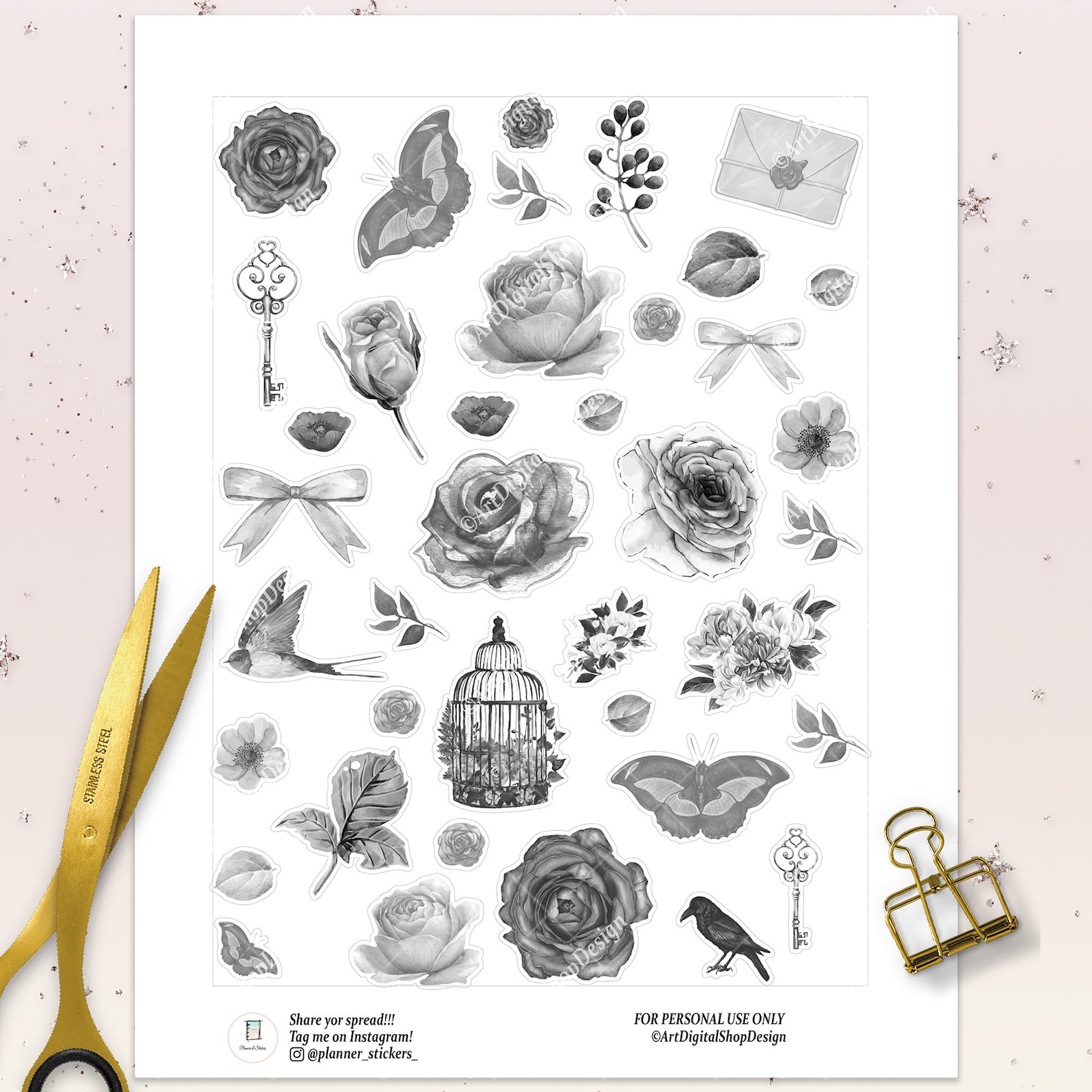 black and white journal stickers printables monochrome etsy