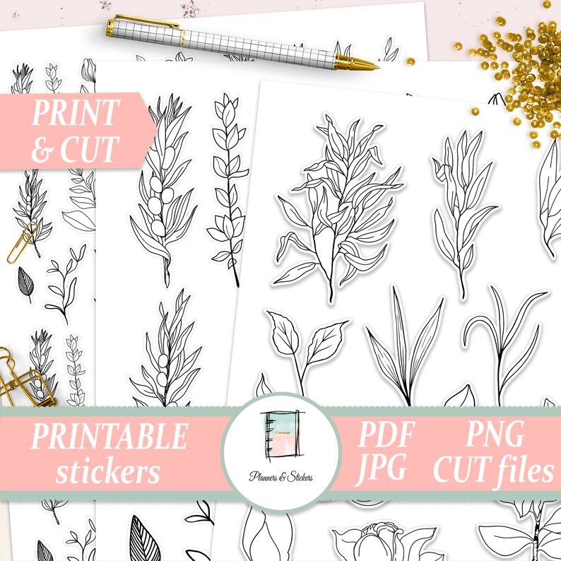 Black and White Floral Sticker Pack Foliage Printables | Etsy
