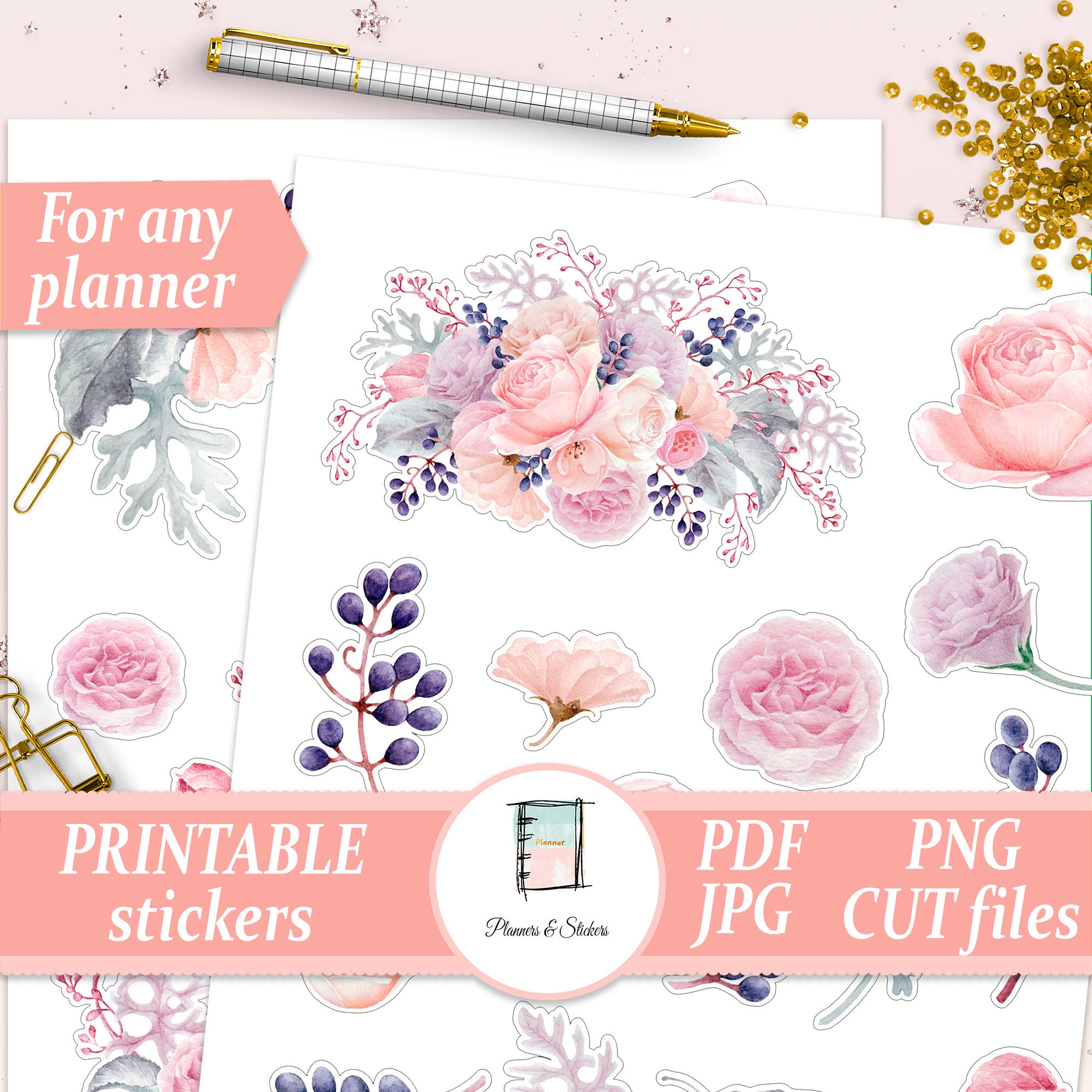 PRINTABLE STICKERS Floral planner stickers Watercolor flower | Etsy