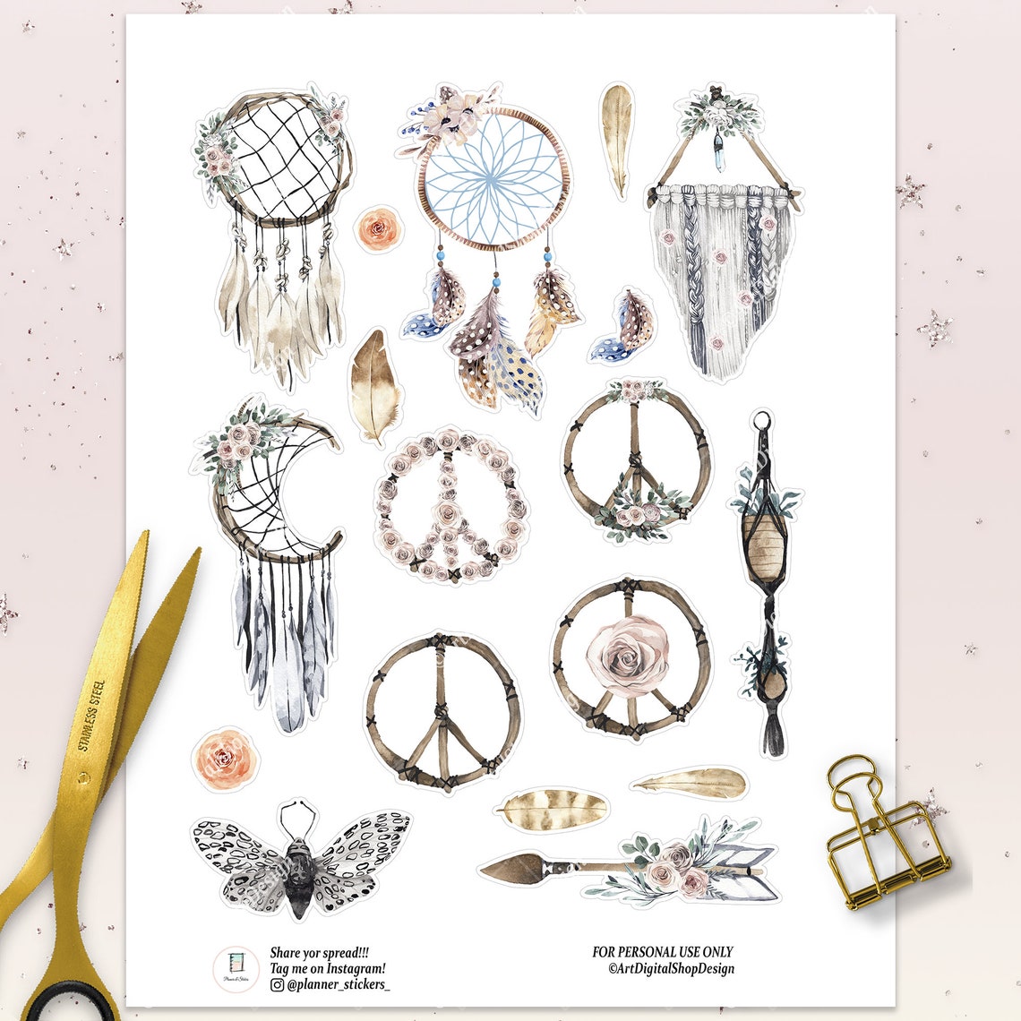 Printable boho dreamcatcher sticker pack Ethnic clipart | Etsy