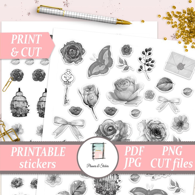 Black and White Journal Stickers Printables Monochrome | Etsy