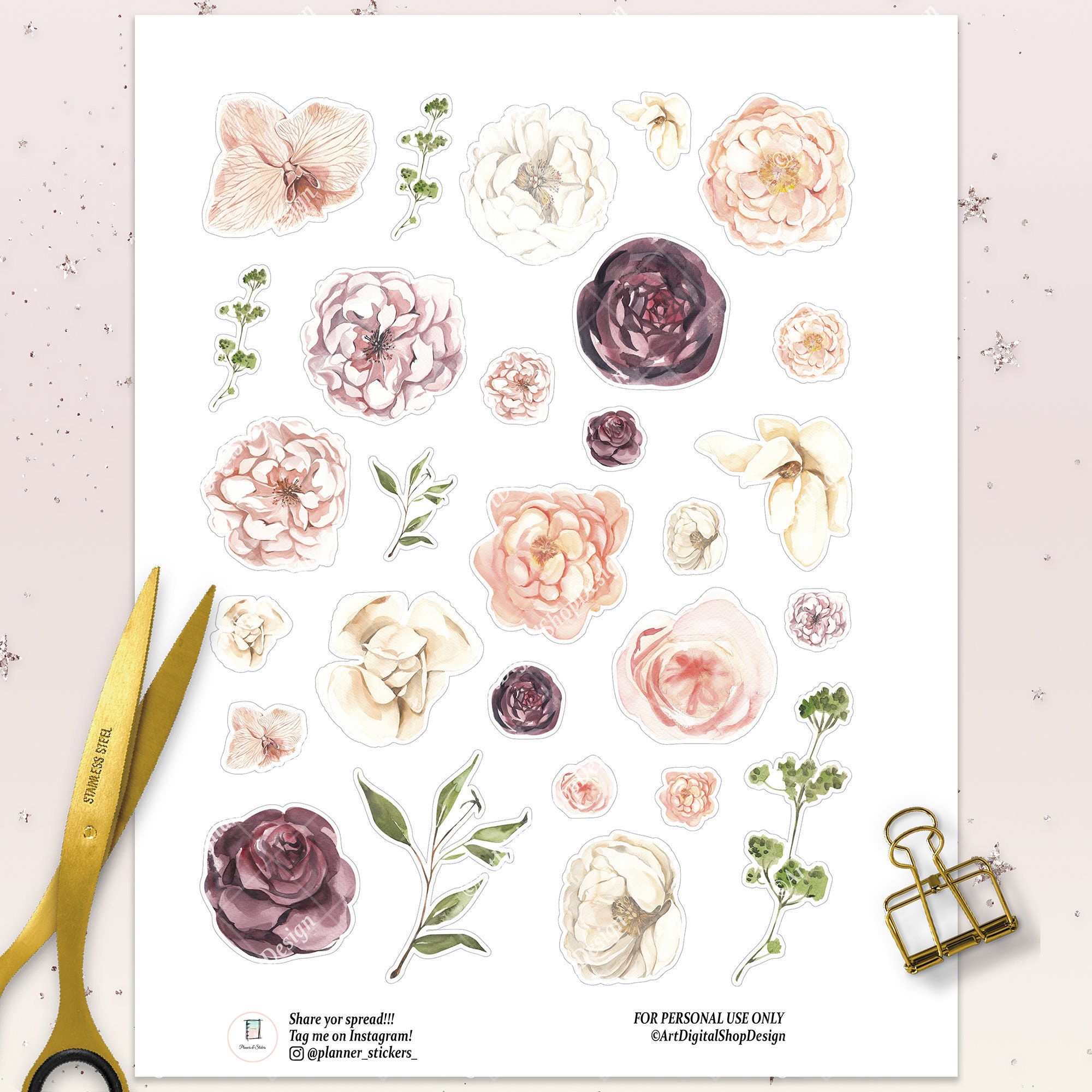 printable sticker pack flower stickers for vintage journal etsy