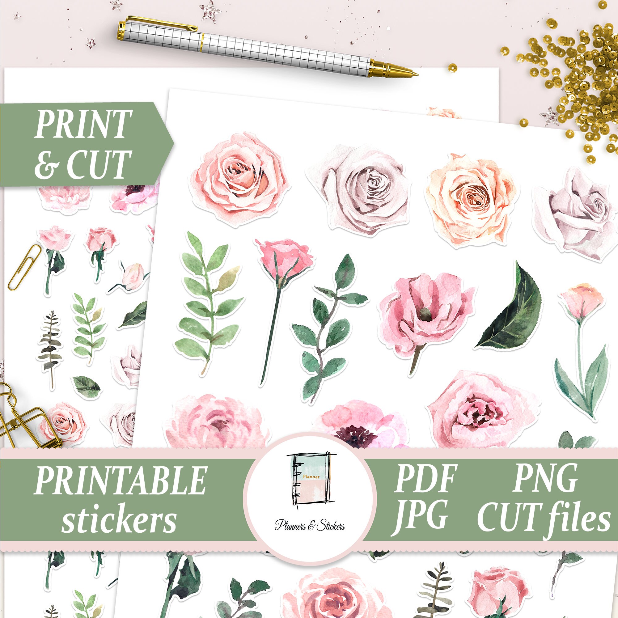 Pink Rose Stickers Printable Floral Scrapbooking Erin | Etsy