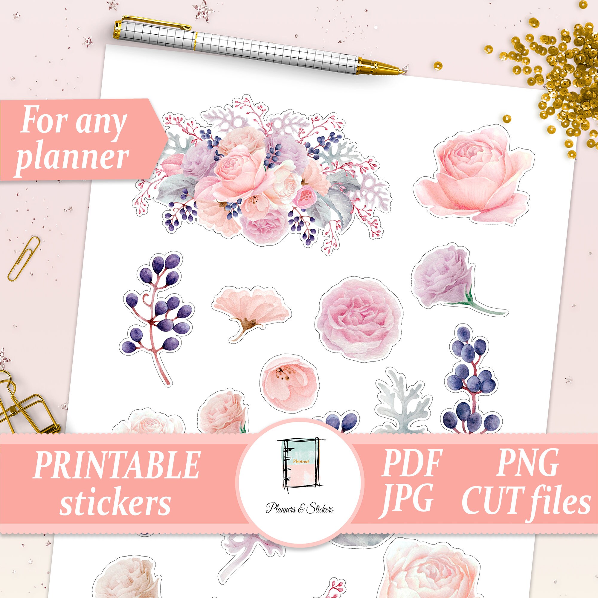 Printable floral planner stickers Watercolor flower clipart | Etsy