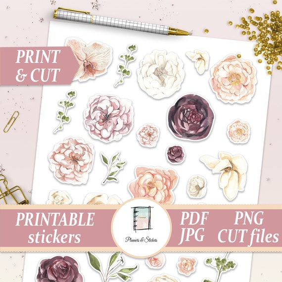 printable stickers floral planner stickers burgundy sticker etsy