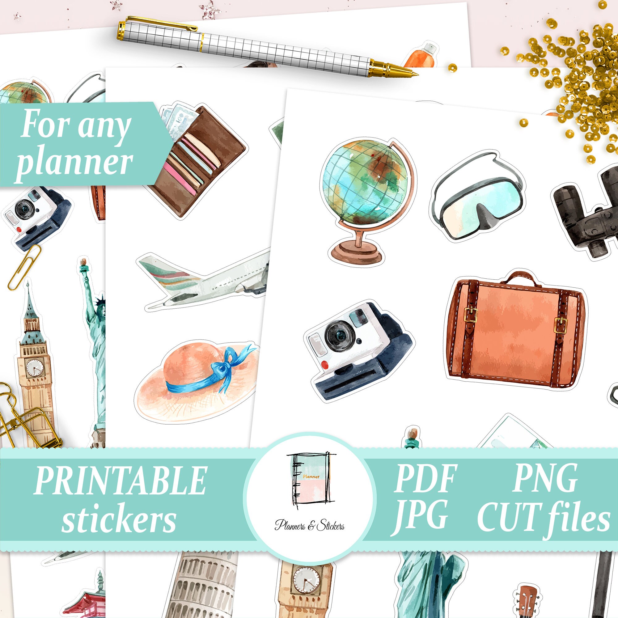 Printable travel planner stickers Watercolor stickers for Etsy