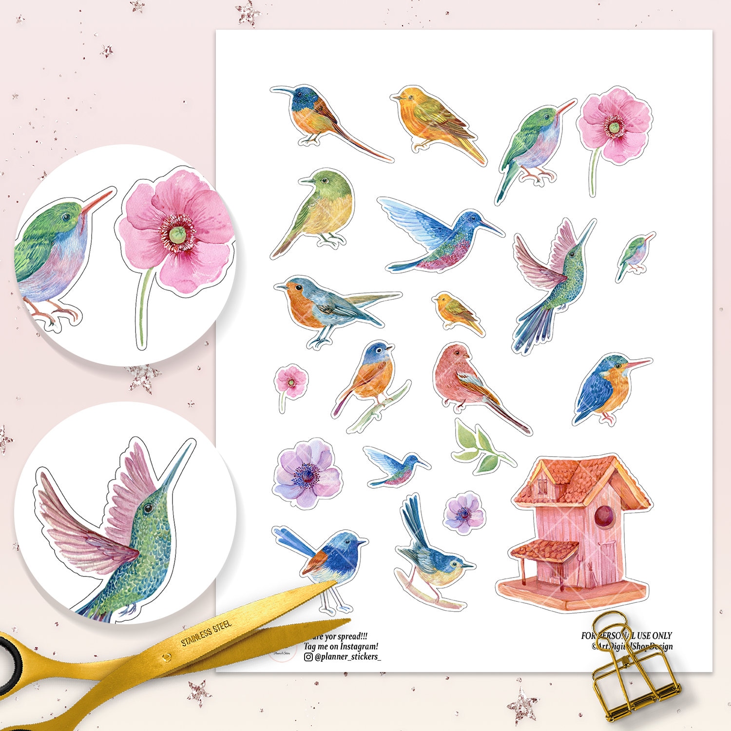 printable spring bird stickers hummingbird gift nature etsy