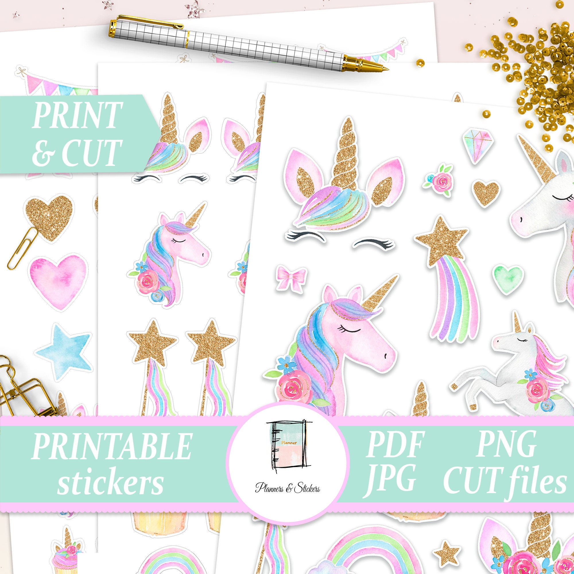 Unicorn printable planner stickers Gold glitter unicorn prints | Etsy