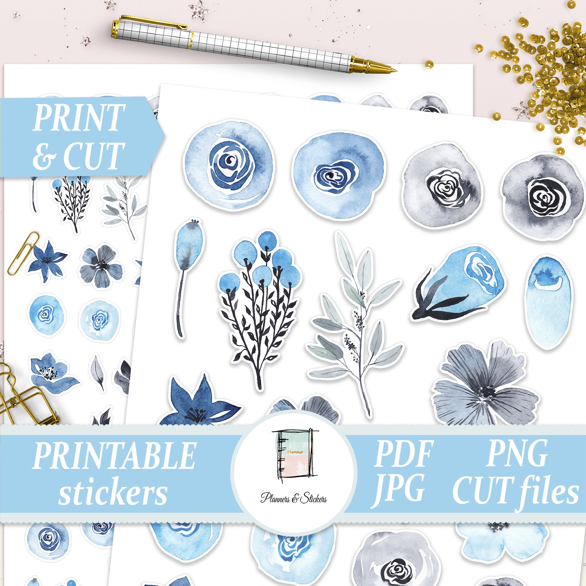 printable blue flowers stickers for bullet journal happy etsy