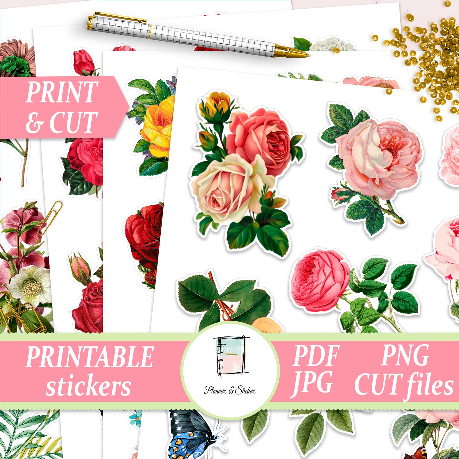 PRINTABLE FLORAL planner stickers Vintage flower decals Rose | Etsy