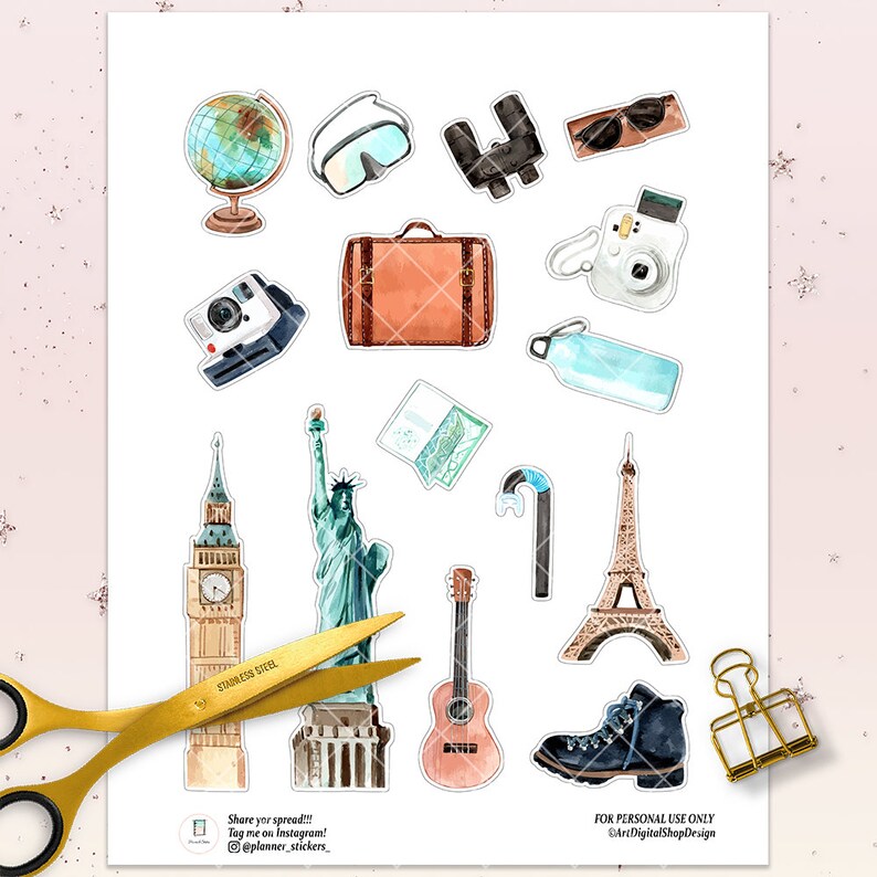Printable travel planner stickers Watercolor stickers for Etsy