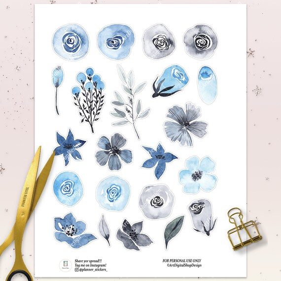 printable blue flowers stickers for bullet journal happy etsy