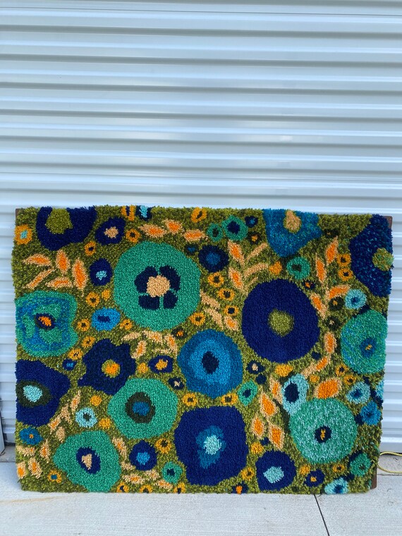 Huge Vintage MCM Latch & Hook Wall Art Signed Abstract Blue Etsy