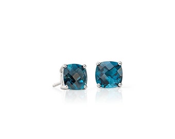 London Blue Topaz Studs, Blue Topaz Earrings, Blue Topaz Jewelry, Cushion Cut Studs, 925 Sterling Silver Stud, Post Earrings