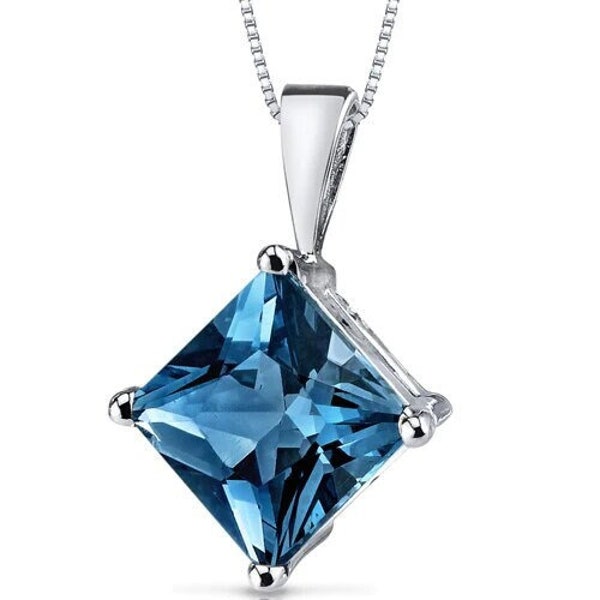 London Blue Topaz Pendant, Princess Cut, Blue Topaz Jewelry, Girls Necklace, Solitaire Pendant, Anniversary Gift, Sterling Silver Pendant