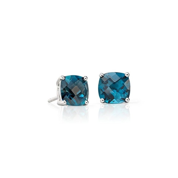 London Blue Topaz Studs, Blue Topaz Earrings, Blue Topaz Jewelry, Cushion Cut Studs, 925 Sterling Silver Stud, Post Earrings