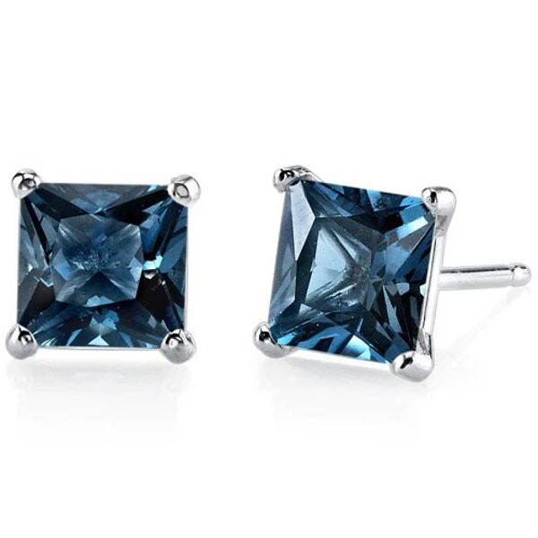 London Blue Topaz Studs, Princess Cut, Silver Topaz Suds, Post Earrings, 925 Sterling Silver Earrings, Gift For Mom, Gemstone Studs