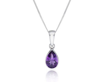 9X7MM Teaedrop Amethyst Pendant, Purple Amethyst Pendant, 925 Sterling Silver Necklace, New Year Pendant For Her, Dainty Amethyst Pendant