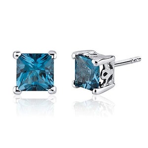 London Blue Topaz Studs, Princess Cut, Blue London Topaz, Square Sahpe Studs, Girls Earring, 925 Sterling Silver Earrings, Earrings For Her